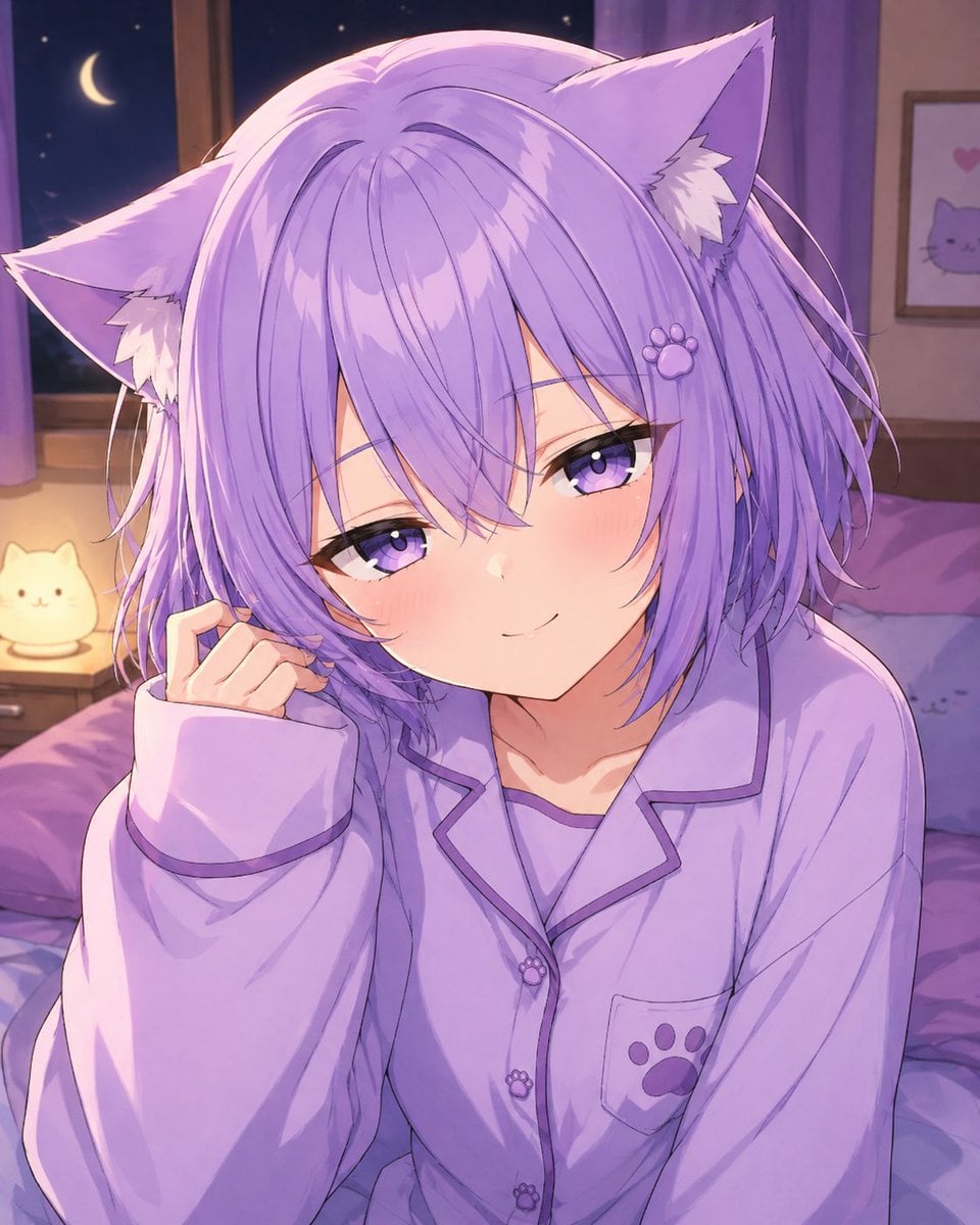 Cozy Catgirl Pajama Night Portrait