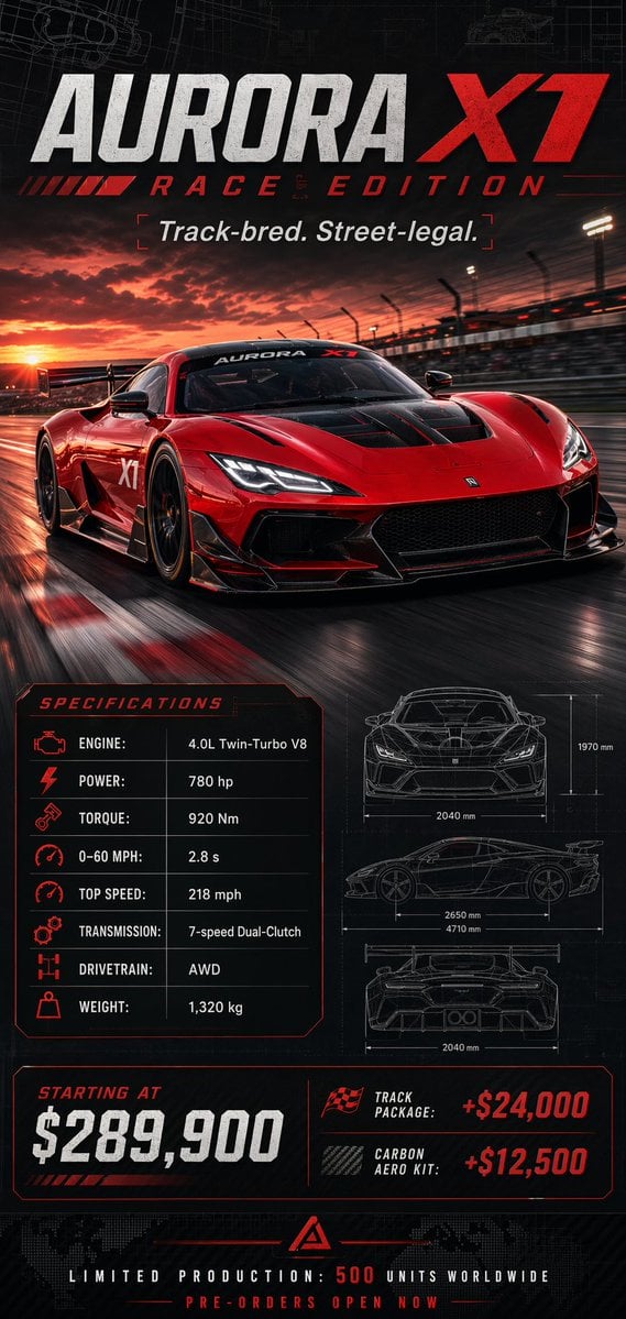 generate an image of a racing car poster with its spec and pricing