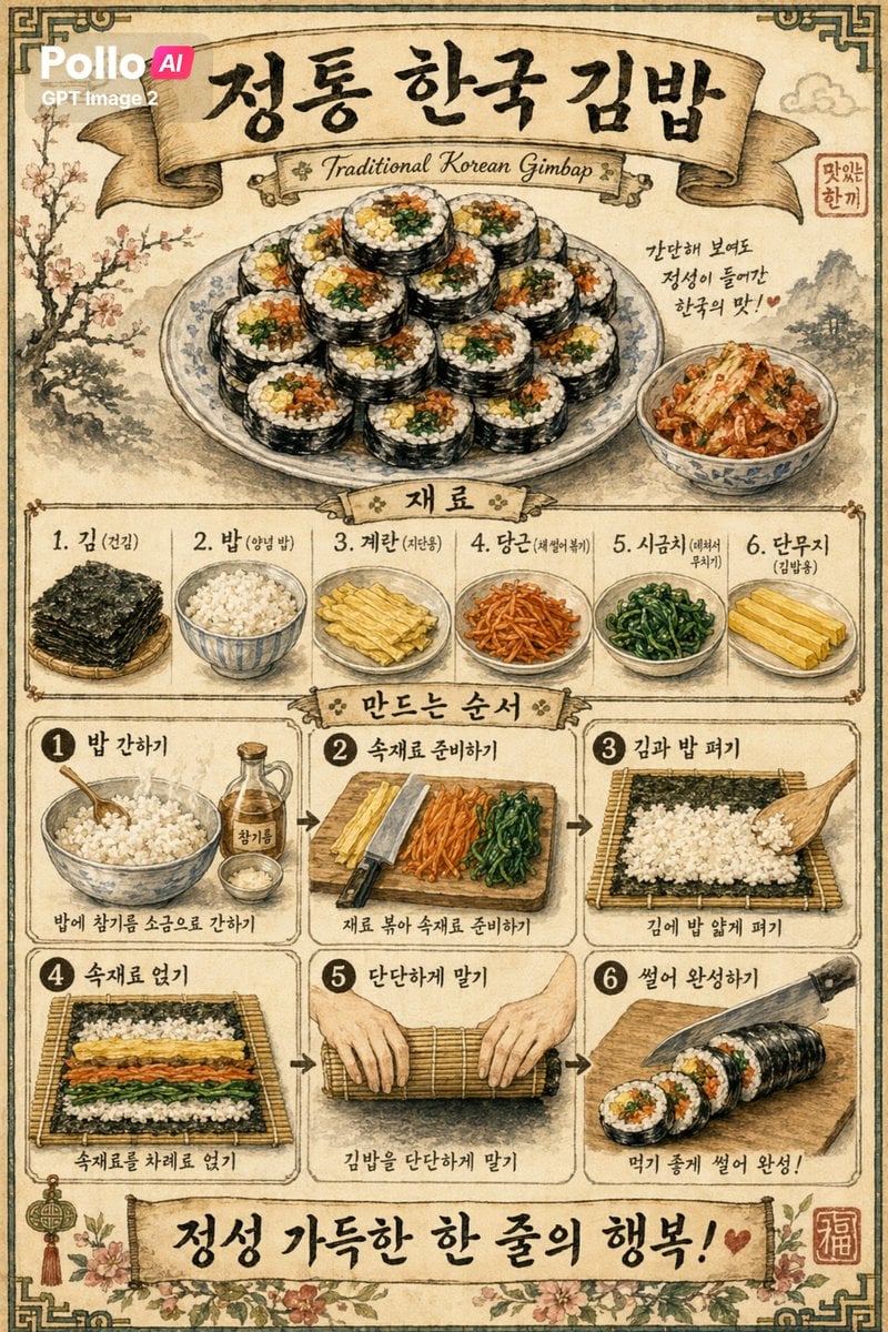复古风韩式紫菜包饭食谱海报