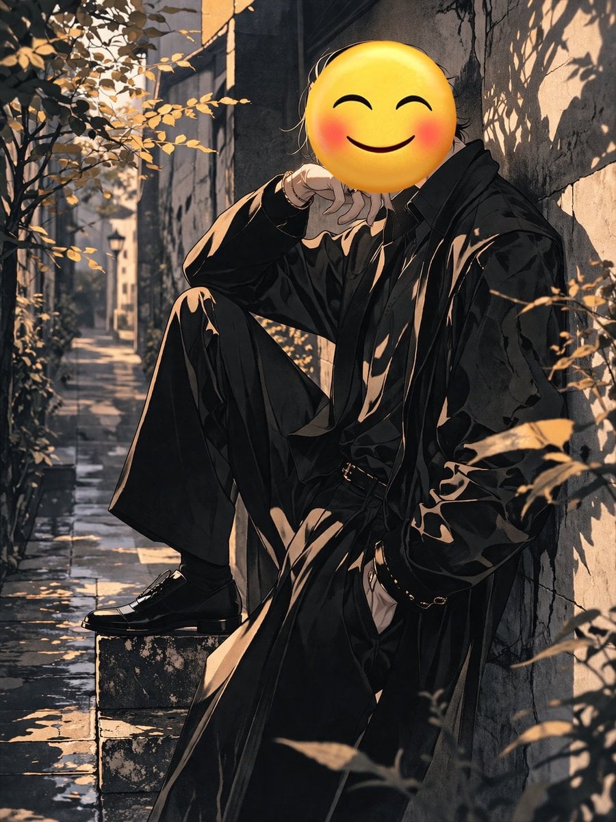 身着黑衣、面部为表情符号的人物