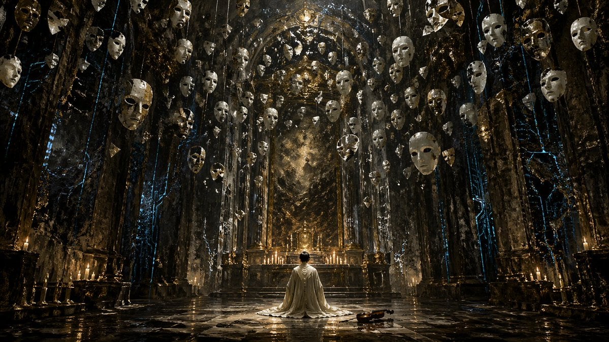 Surreal Gothic Hall with Floating Masks