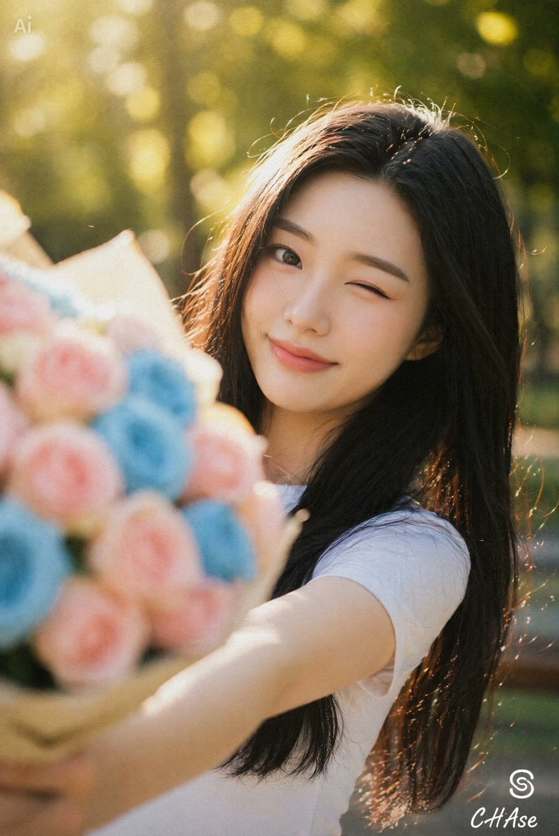 头像/个人资料 - 手持花束的眨眼快乐女性