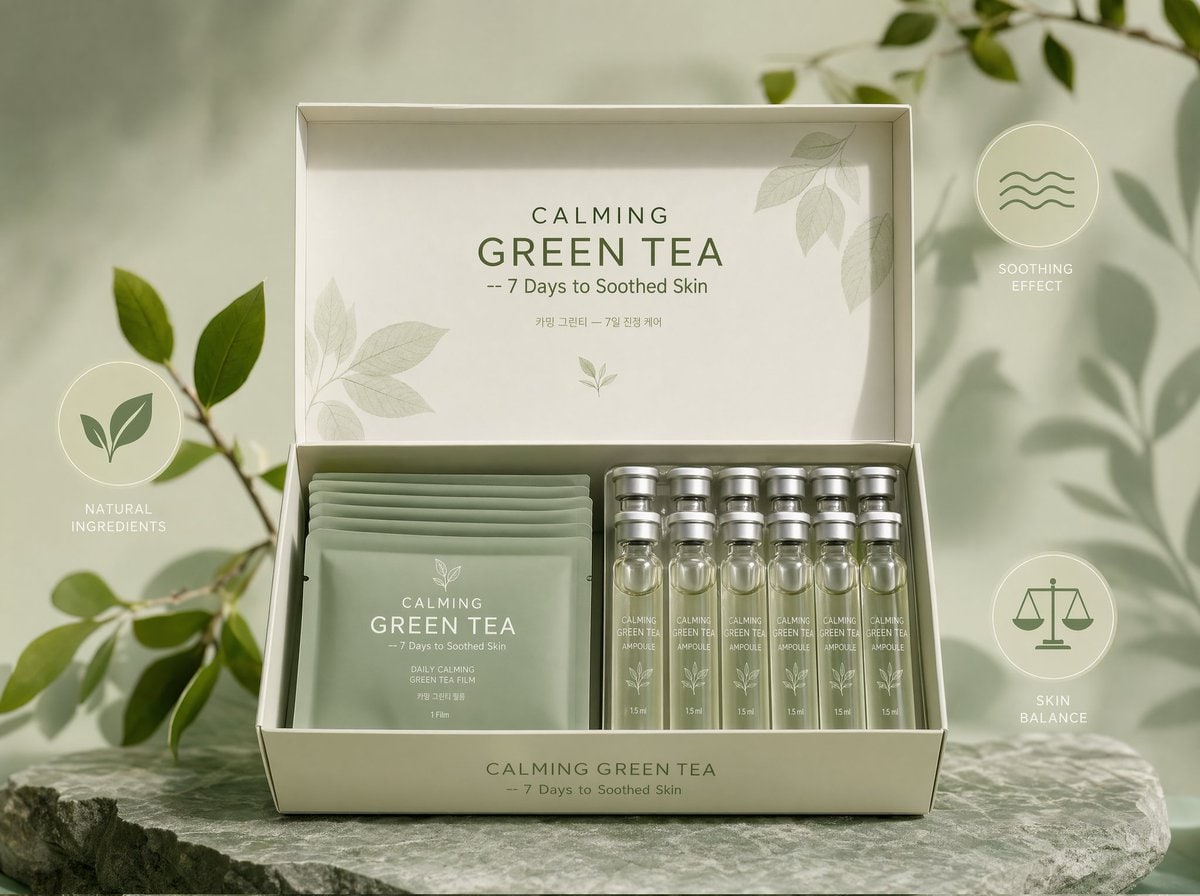 CALMING GREEN TEA Film Kit displayed frontally, the open box shows soft sage-...