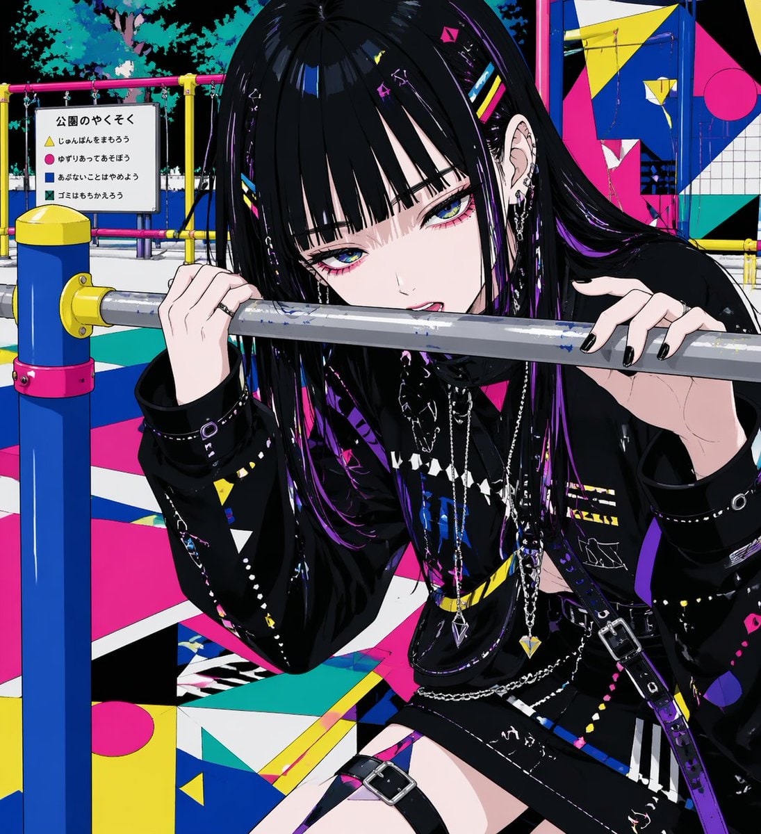 游乐场栏杆旁的哥特风动漫少女