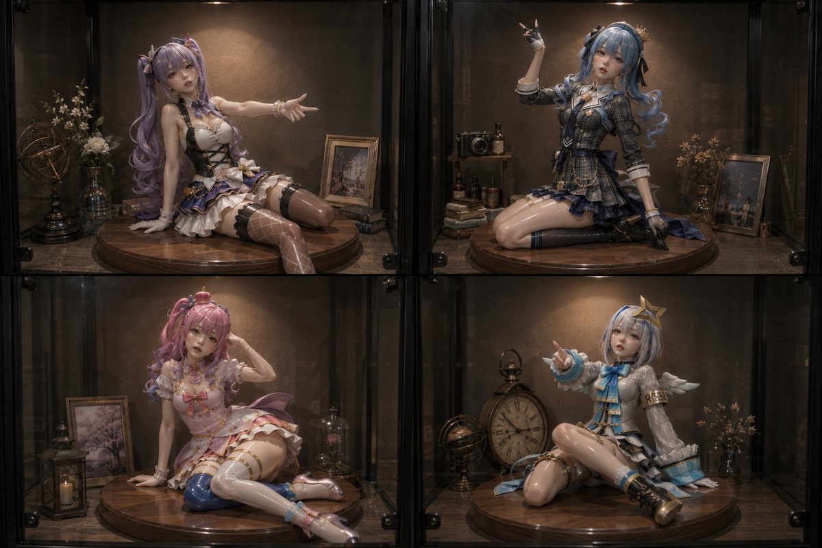 电商主图 - 玻璃展柜中的四个动漫手办