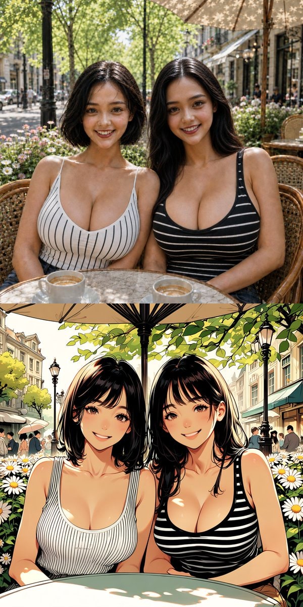 社交媒体帖子 - 双胞胎姐妹咖啡馆 照片与动漫对比
