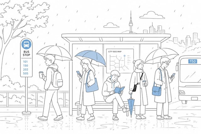 信息图 / 教育视觉 - 雨中城市公交站通勤