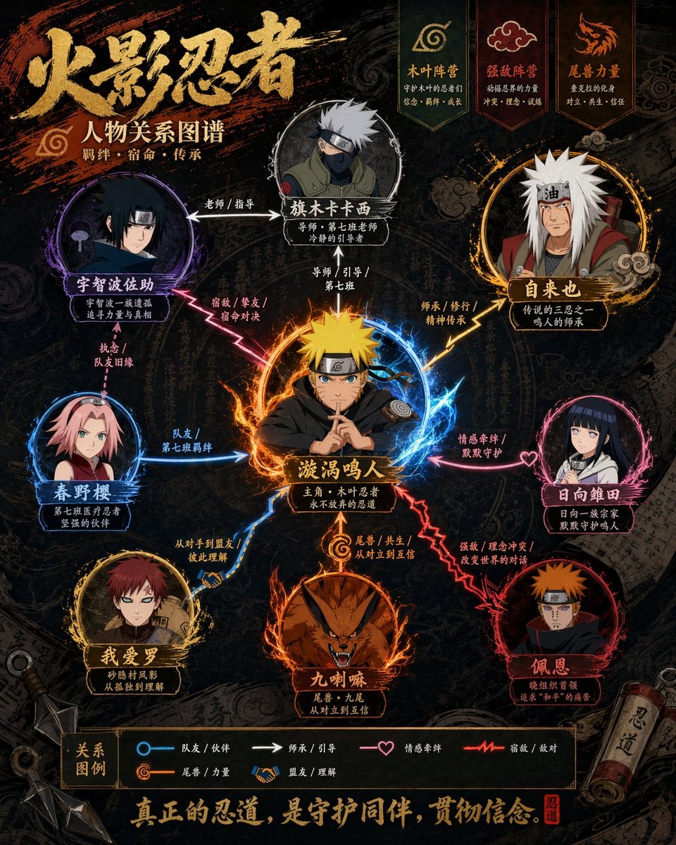 请根据【主题】，生成一张高设计感的人物关系图海报