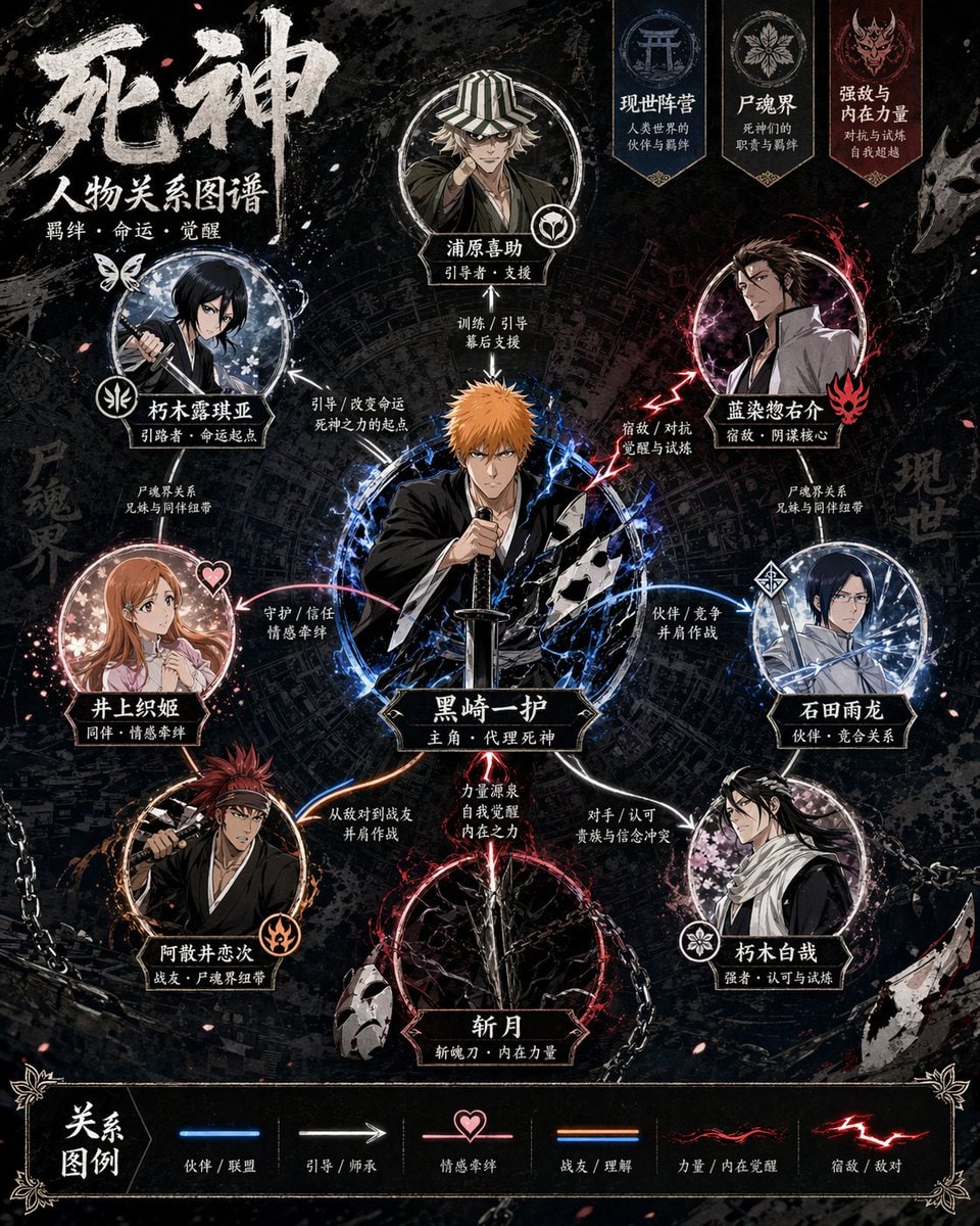 请根据【主题】，生成一张高设计感的人物关系图海报