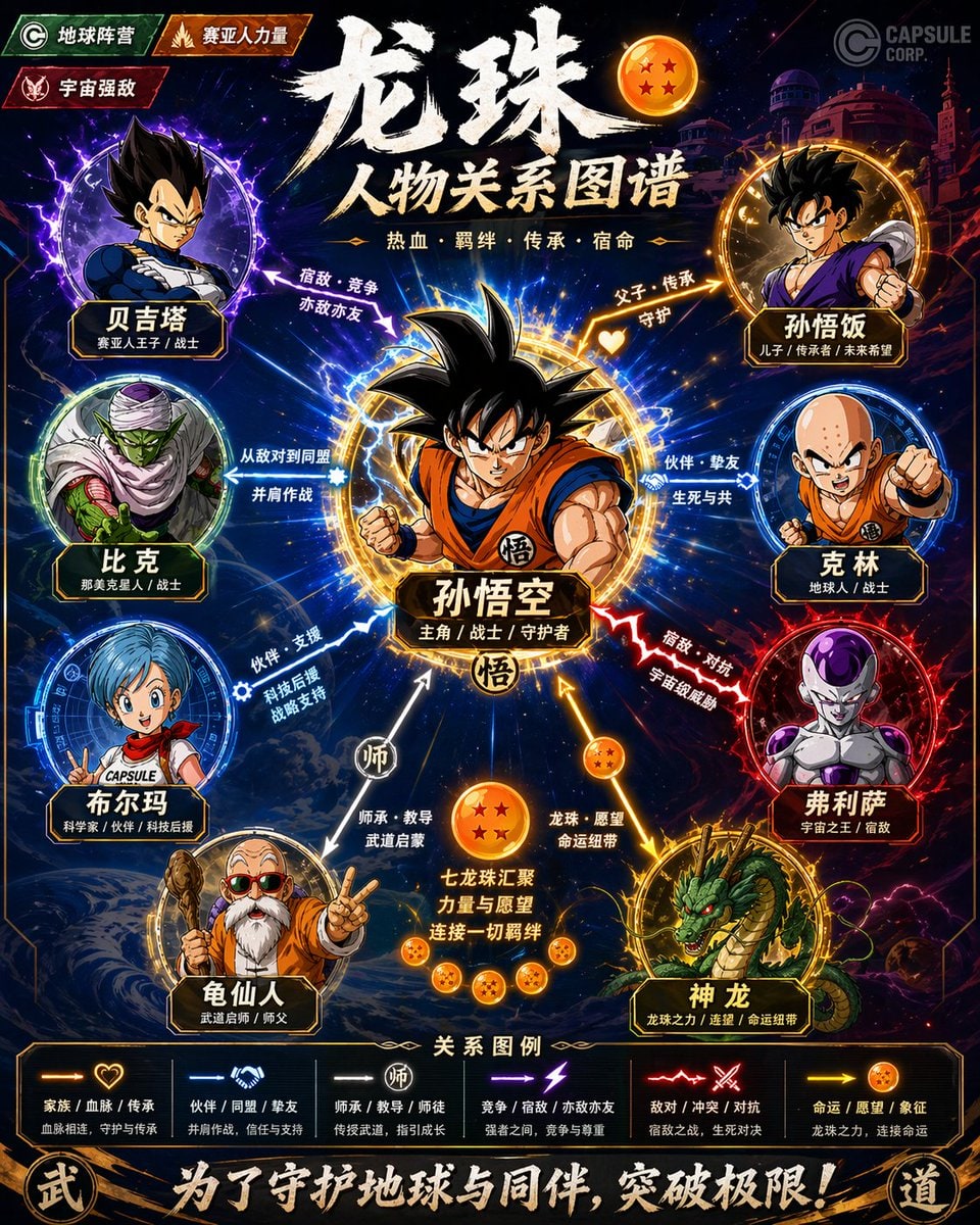 请根据【主题】，生成一张高设计感的人物关系图海报