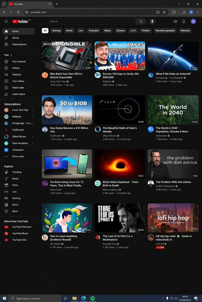 YouTube 深色模式桌面 UI 原型