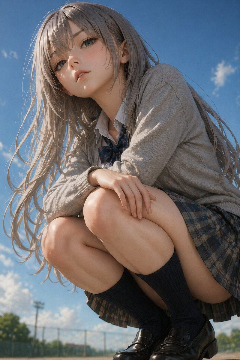 写实动漫女学生蹲姿人像